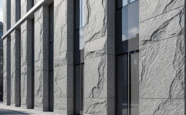 Façade moderne d’un bâtiment en grandes dalles de granit avec des reflets subtils sur les fenêtres et des lignes architecturales nettes.