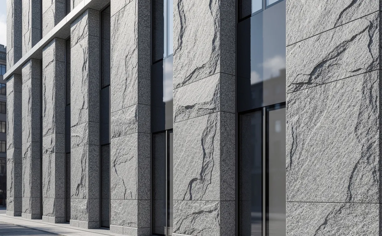 Façade moderne d’un bâtiment en grandes dalles de granit avec des reflets subtils sur les fenêtres et des lignes architecturales nettes.