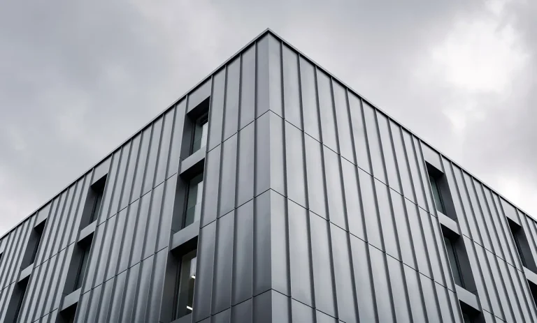 Façade moderne d’un bâtiment recouverte de panneaux en zinc sous un ciel nuageux, avec des reflets métalliques visibles.