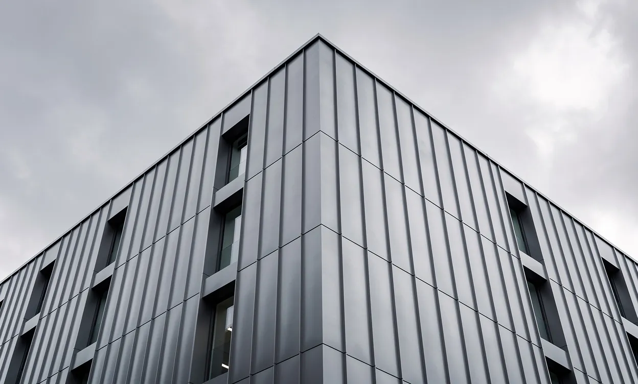 Façade moderne d’un bâtiment recouverte de panneaux en zinc sous un ciel nuageux, avec des reflets métalliques visibles.
