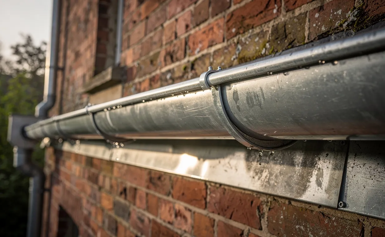 Des gouttières en zinc recyclé sont fixées le long d’une vieille maison en brique, laissant couler doucement la pluie sous une lumière matinale.