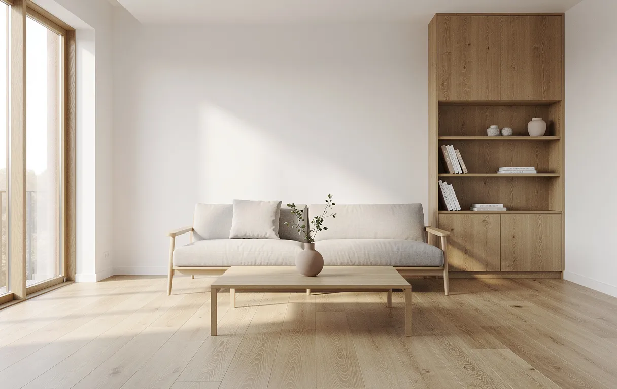 Intérieur scandinave en bois baigné de lumière naturelle, avec murs blancs et décoration minimaliste.
