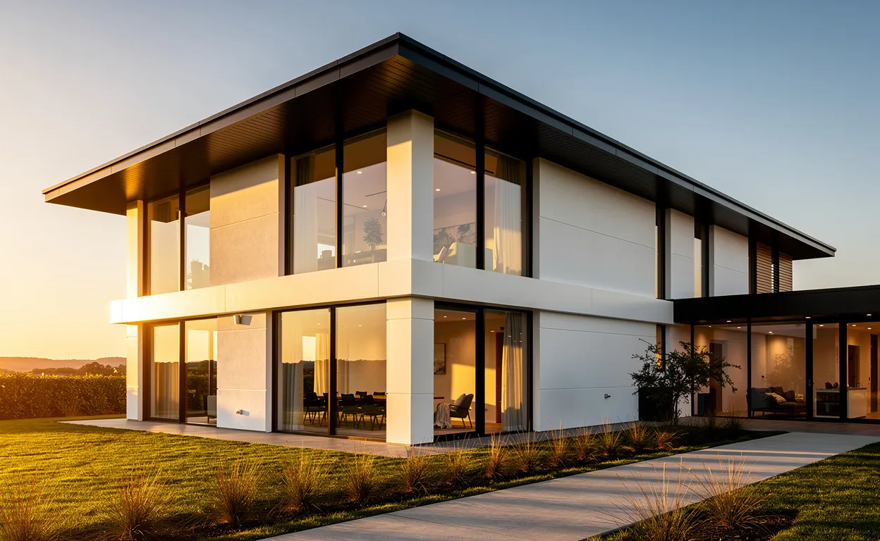 Maison moderne aux lignes épurées avec de grandes fenêtres et des avancées de toit ombrageant une façade blanche au coucher du soleil.