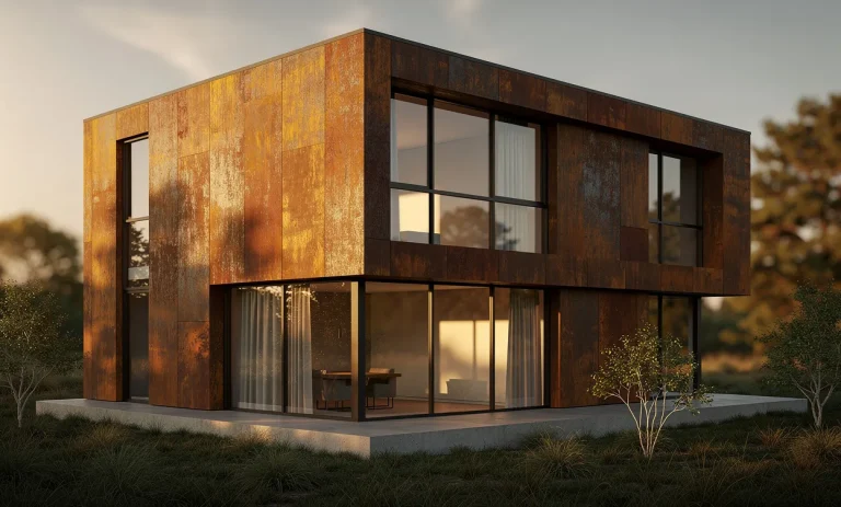 Maison moderne en panneaux d’acier corten aux teintes rouille, baignée par la lumière dorée du soleil couchant.