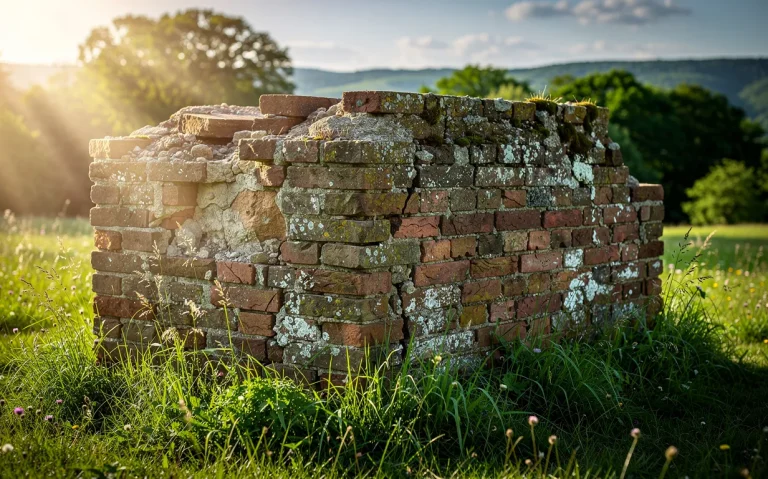 Un mur de briques ancien se dresse dans un paysage verdoyant baigné de lumière naturelle.