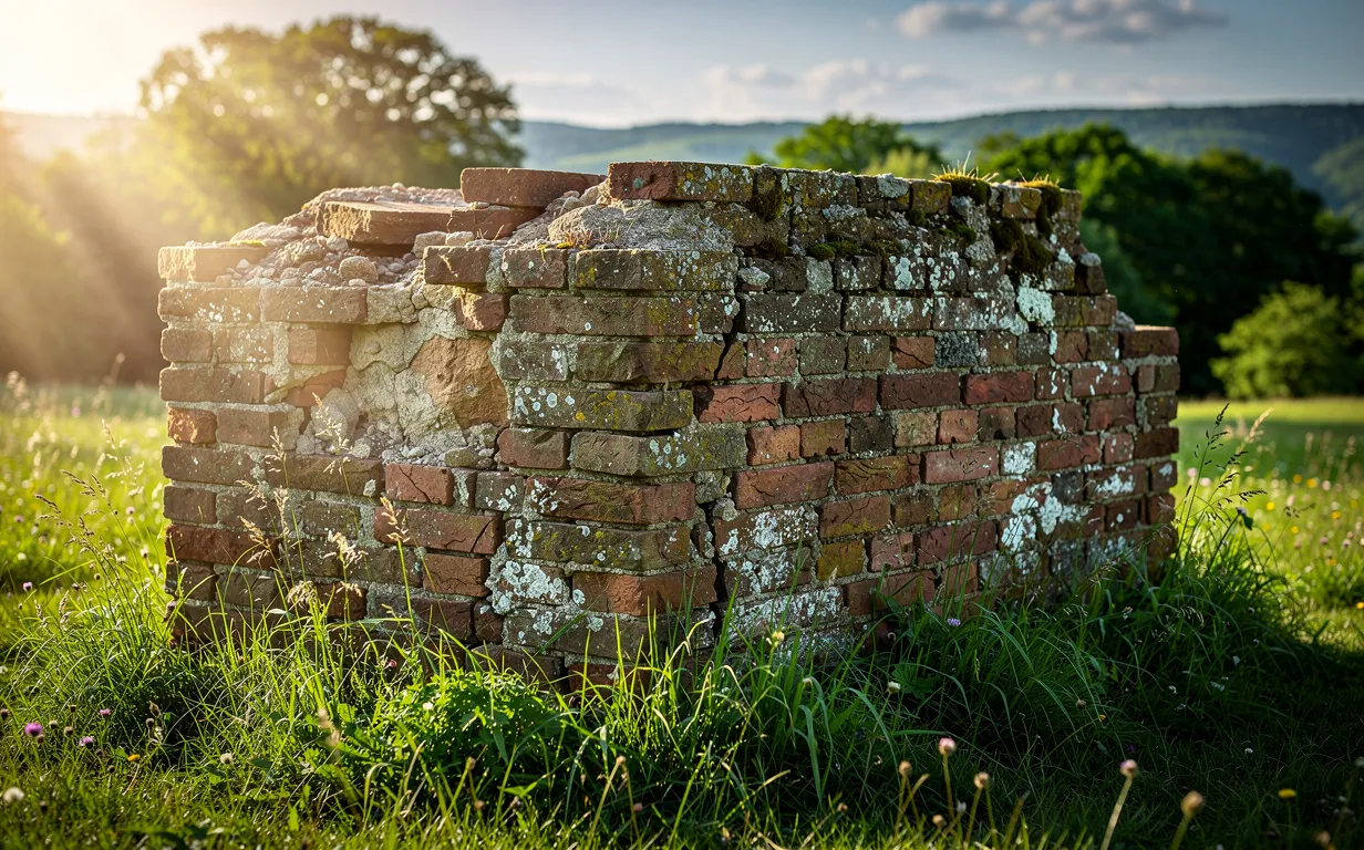 Un mur de briques ancien se dresse dans un paysage verdoyant baigné de lumière naturelle.