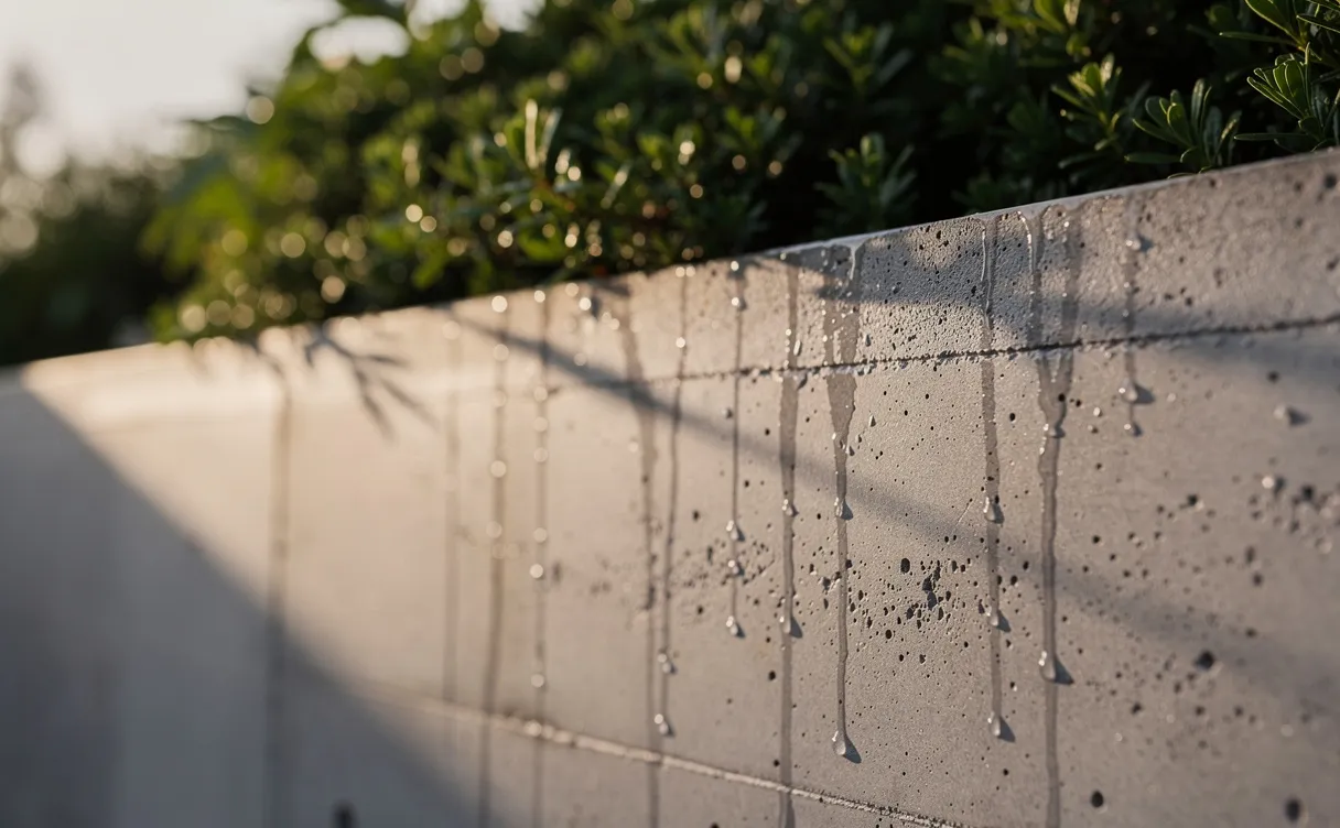 Un mur extérieur en béton brut orné de perles d’eau se dresse devant une verdure luxuriante sous une lumière douce de l’après-midi.