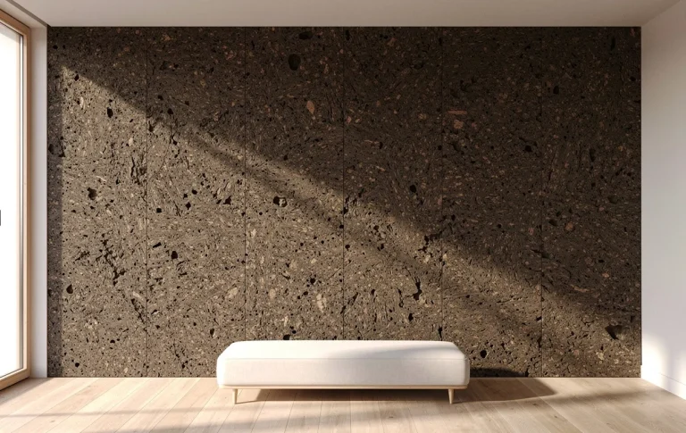 Mur en panneaux de liège expansé sombre dans un intérieur scandinave baigné de lumière naturelle.