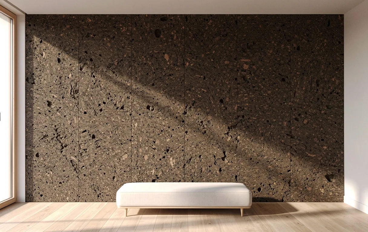 Mur en panneaux de liège expansé sombre dans un intérieur scandinave baigné de lumière naturelle.