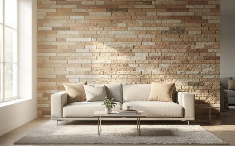 Mur de salon moderne habillé de panneaux en briques décoratives aux teintes terreuses, baigné de lumière naturelle.