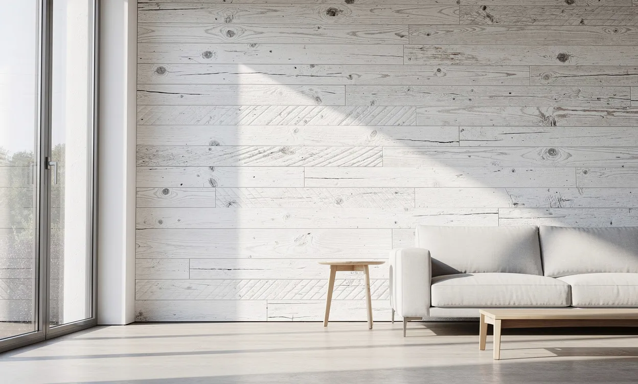Mur intérieur en bois blanchi illuminé par la lumière du jour, dans un espace moderne d’inspiration scandinave