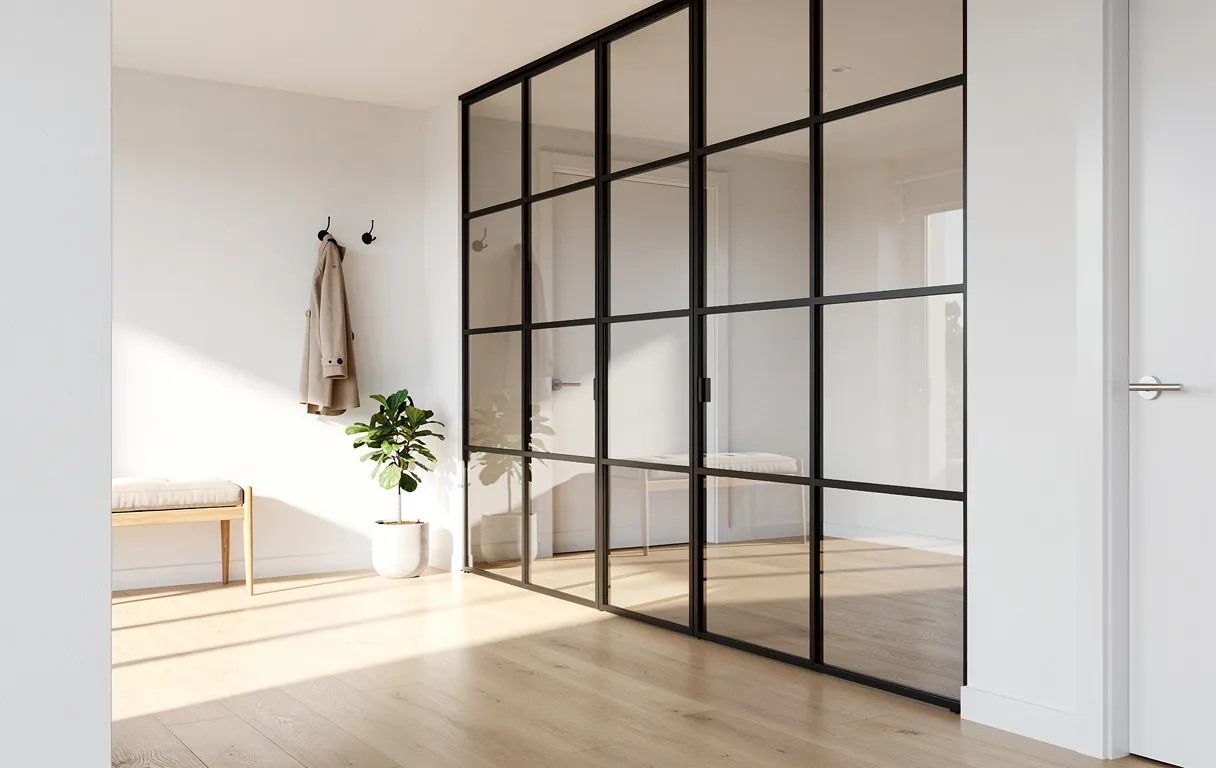Une cloison en verre à montants noirs sépare un vestibule lumineux avec sol en bois et décoration épurée.