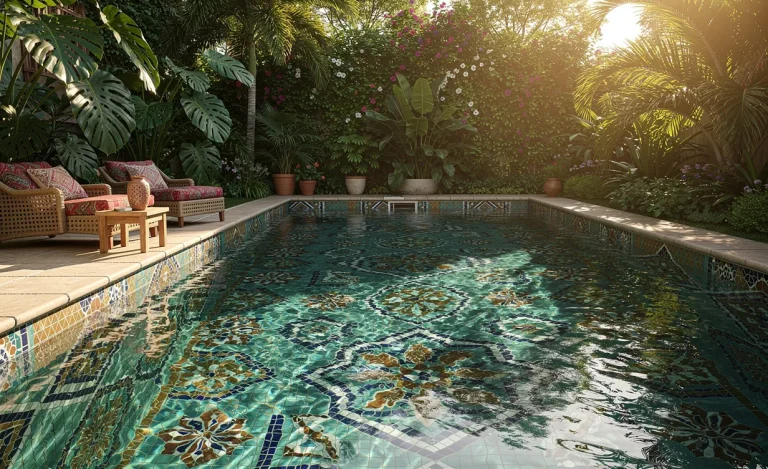 Piscine de style bohème avec des mosaïques colorées, entourée de verdure sous une lumière ensoleillée.
