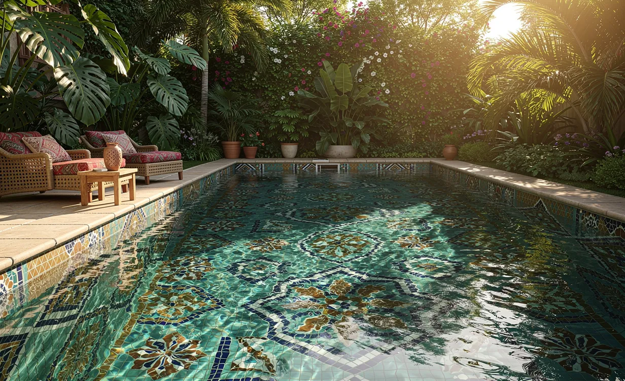 Piscine de style bohème avec des mosaïques colorées, entourée de verdure sous une lumière ensoleillée.