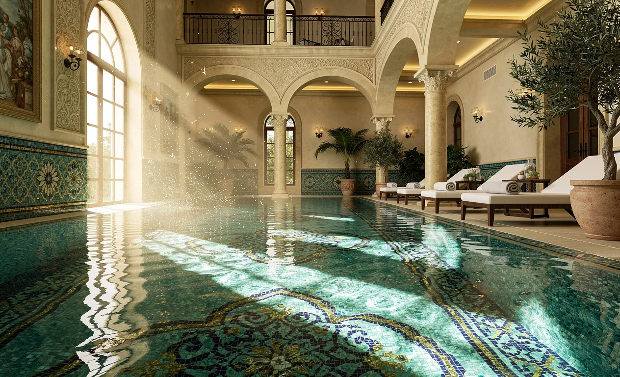 Piscine intérieure de style méditerranéen avec mosaïques turquoise, bleu profond et or, architecture élégante et reflets de lumière naturelle sur l’eau.