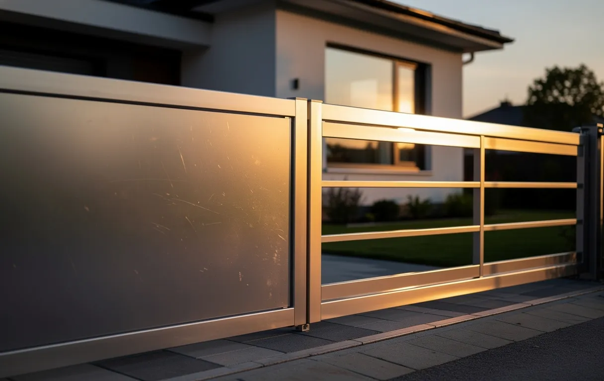 Portail moderne en aluminium devant une maison de banlieue, partiellement éclairé par la lumière dorée du coucher du soleil.