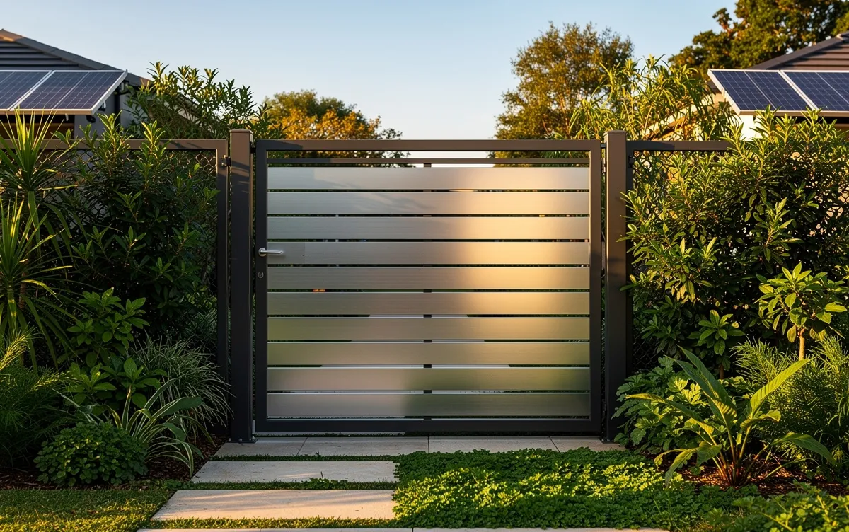 Un portail moderne en acier entouré de plantes vertes et de panneaux solaires dans un jardin baigné de lumière naturelle.