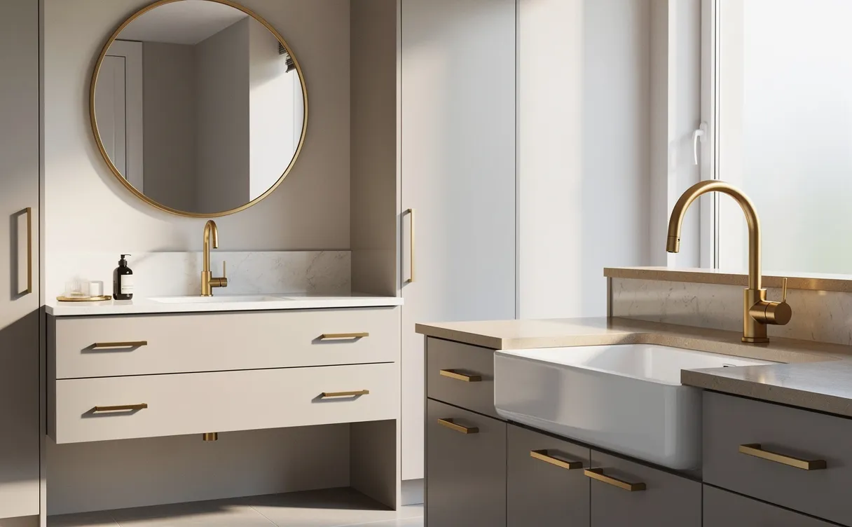 Salle de bain et cuisine modernes avec des robinets et poignées en laiton, éclairées par une douce lumière naturelle.