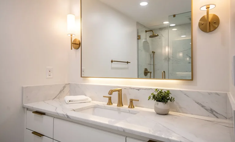 Salle de bain moderne avec des robinets en laiton devant du marbre blanc et un éclairage tamisé.
