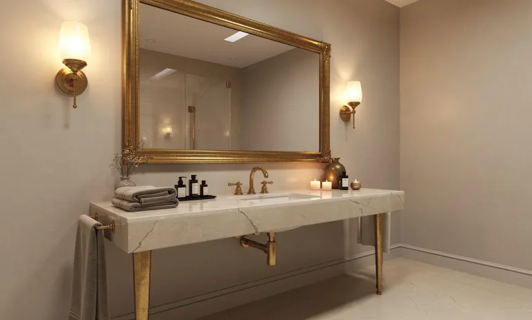 Salle de bain élégante aux robinets en laiton patiné et miroir assorti, éclairée par une lumière dorée chaleureuse.