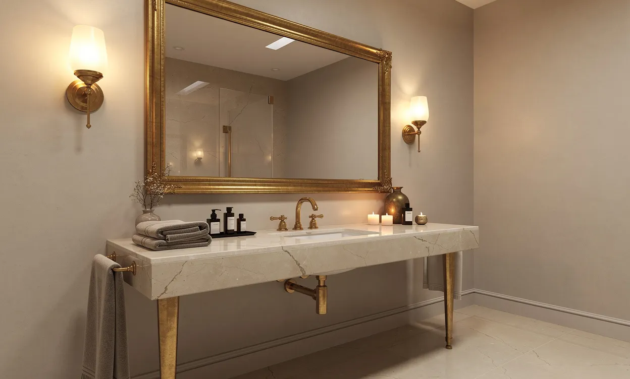 Salle de bain élégante aux robinets en laiton patiné et miroir assorti, éclairée par une lumière dorée chaleureuse.