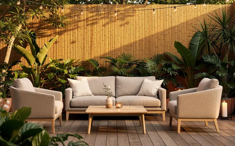 Salon extérieur avec paravent en bambou, plantes verdoyantes et mobilier clair sous une lumière tamisée de l’après-midi.