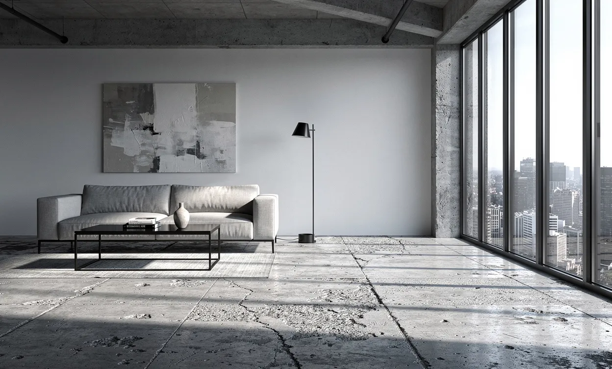 Salon moderne à sol en béton brut, baigné de lumière naturelle à travers de grandes fenêtres et à la décoration minimaliste soulignant une ambiance industrielle.