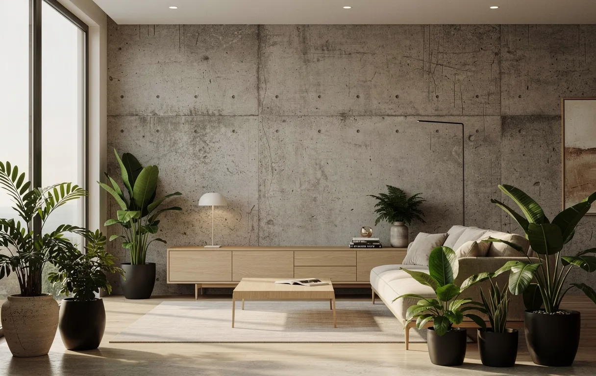 Salon moderne avec mur en béton brut, mobilier en bois minimaliste, plantes vertes et lumière naturelle entrant par une grande fenêtre.