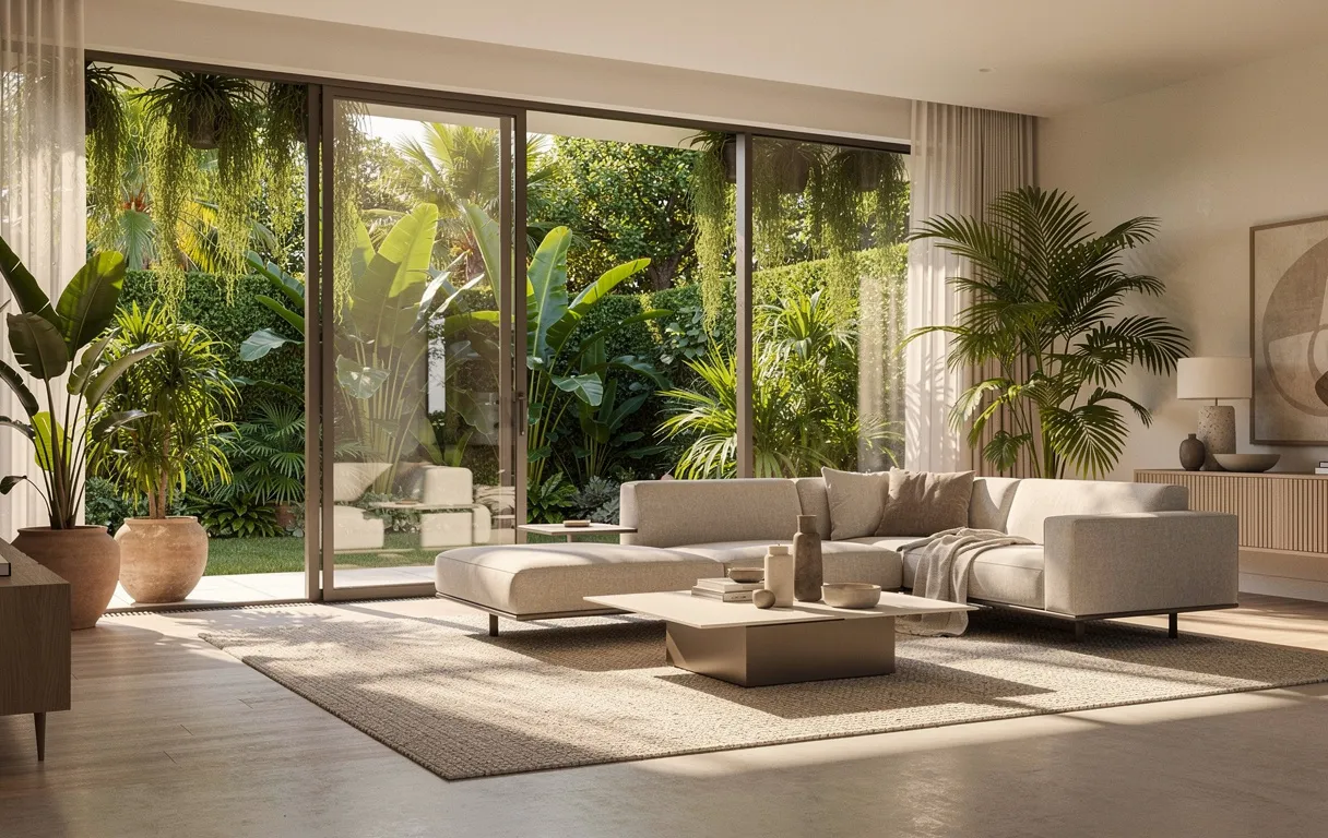 Salon moderne lumineux avec de grandes fenêtres ouvertes sur un jardin tropical verdoyant, où la verdure relie harmonieusement intérieur et extérieur.