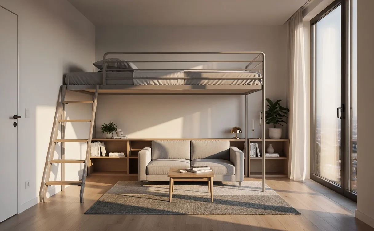 Appartement studio moderne avec mezzanine, coin salon compact et lumière du soleil traversant de grandes fenêtres.