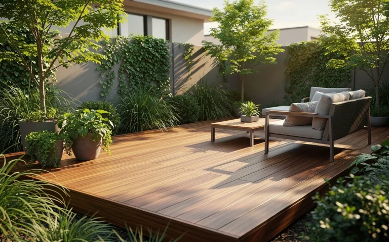 Une terrasse en bois composite naturel entourée de verdure dans un jardin moderne sous une lumière douce de l’après-midi.