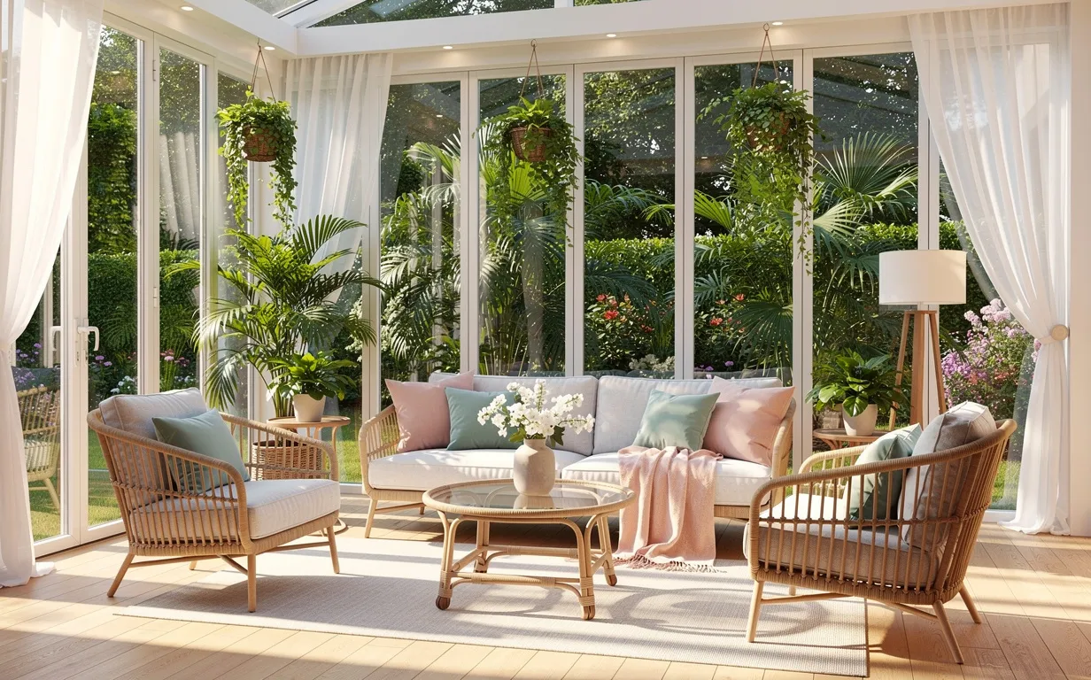 Véranda en verre éclairée par le soleil, aménagée de plantes vertes, de meubles en rotin et de textiles pastels, avec une ambiance paisible.