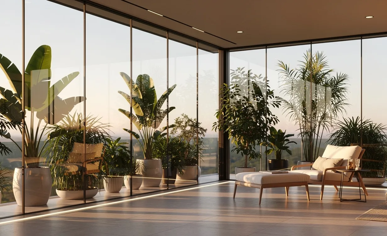 Une véranda moderne aux larges panneaux de verre laisse passer la lumière du soleil sur des plantes luxuriantes dans une ambiance sereine.
